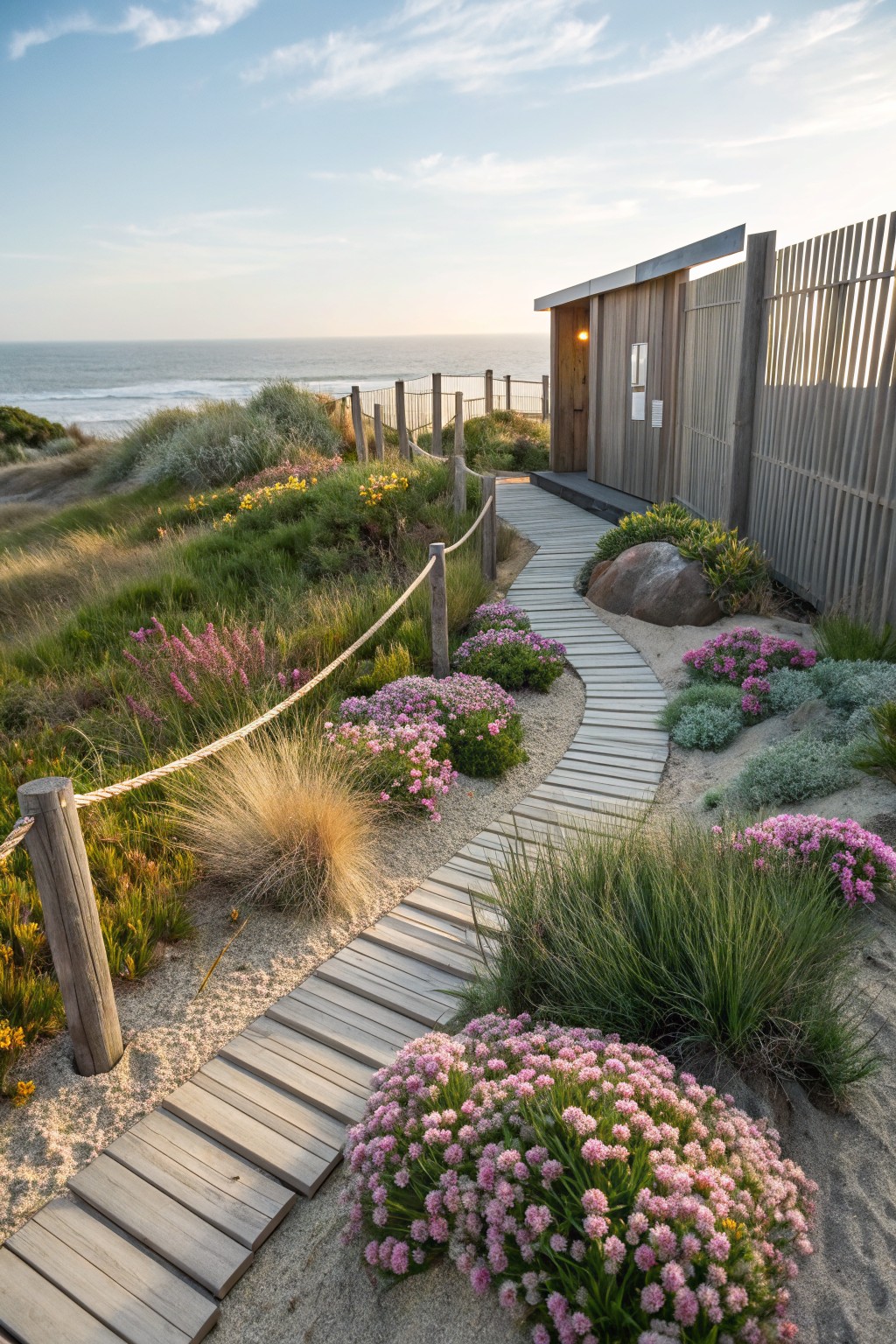 Wooden boardwalk path curves through sandy area planted with pink flowering shrubs, grasses, and rocks, leading to a small wooden hut screened by fencing near ocean dunes at sunset.