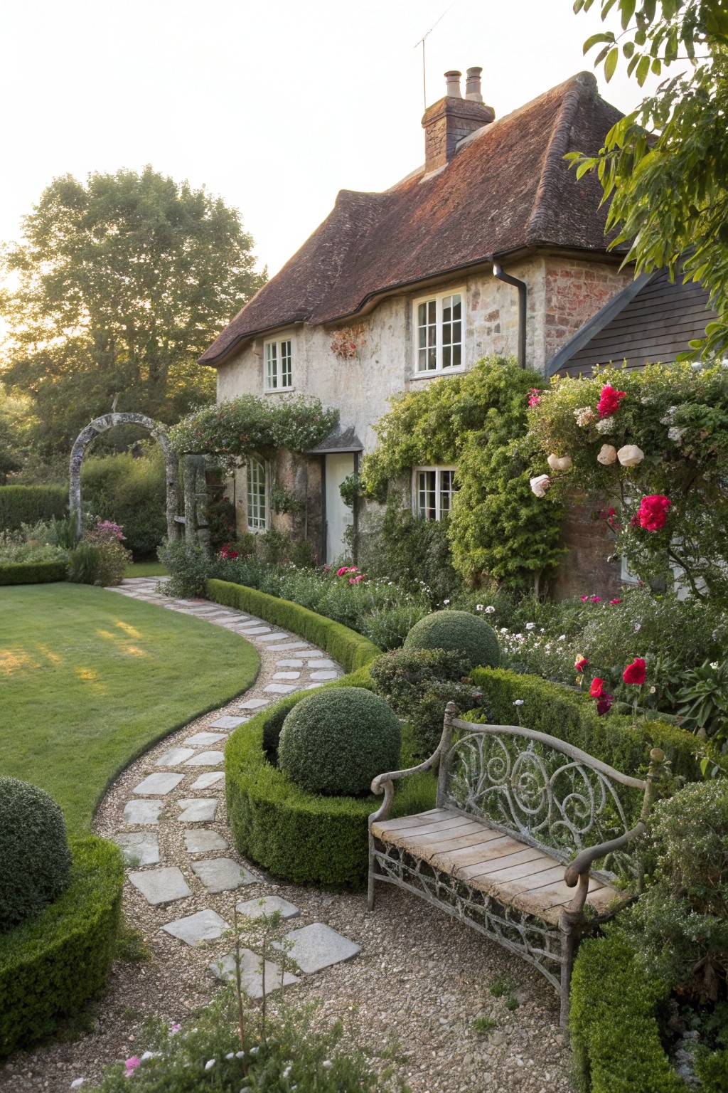 Stone cottage house with thatched roof and climbing roses, viewed from backyard garden with winding flagstone path edged by boxwood spheres, flower beds, and a metal bench.