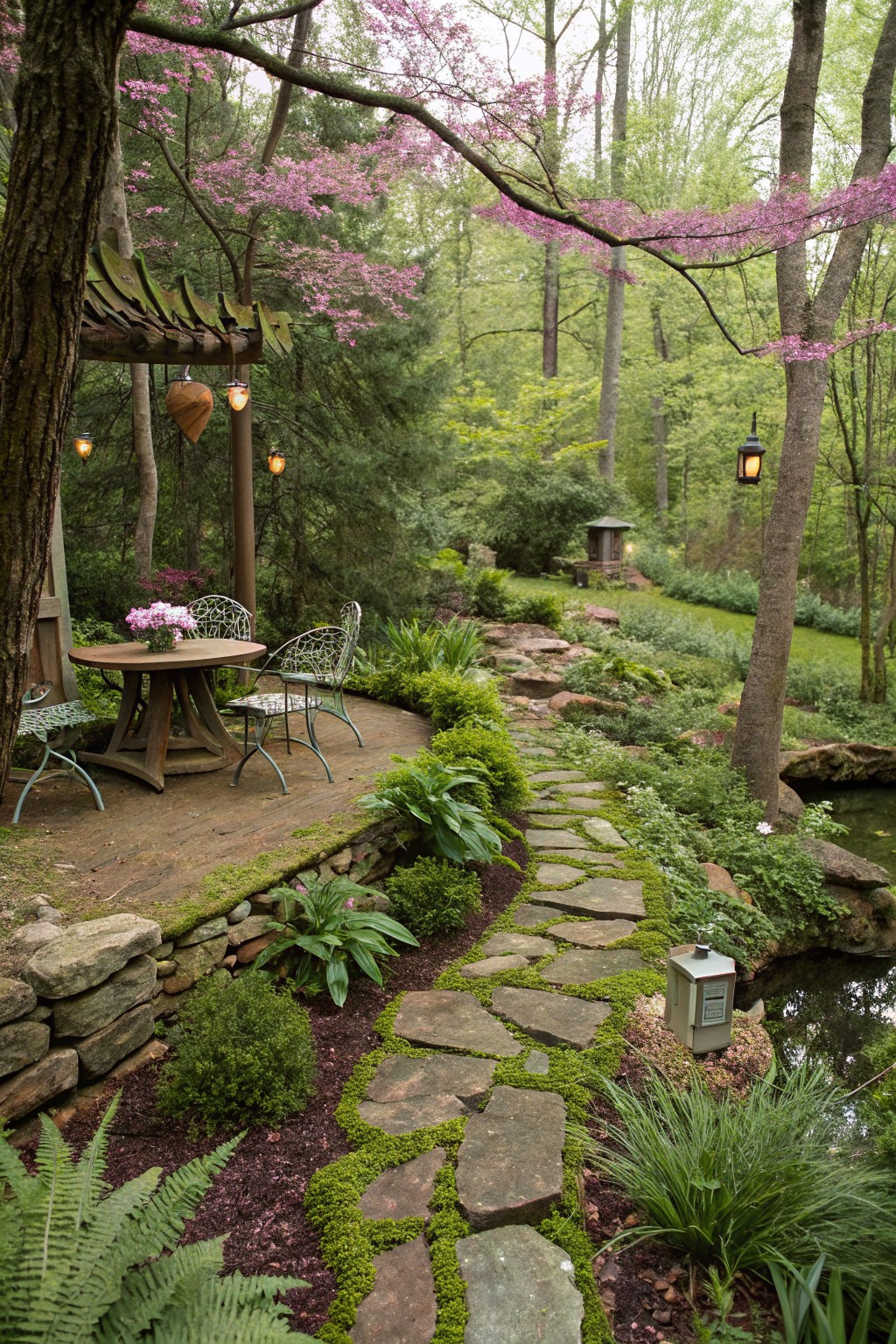 Pagoda-roofed wooden deck with round table, four wicker chairs, and flower centerpiece, next to moss-edged stone path winding through green gardens and plants to a small pond in a tree-filled backyard with pink blossoms.