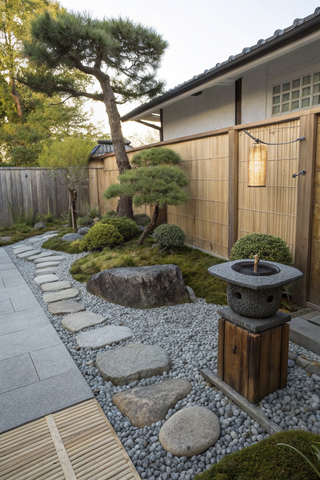 Japanese-style backyard garden with irregular gray stepping stones winding through white gravel and green moss, surrounded by bonsai pines, large rocks, a stone lantern, and bamboo fencing beside a house.