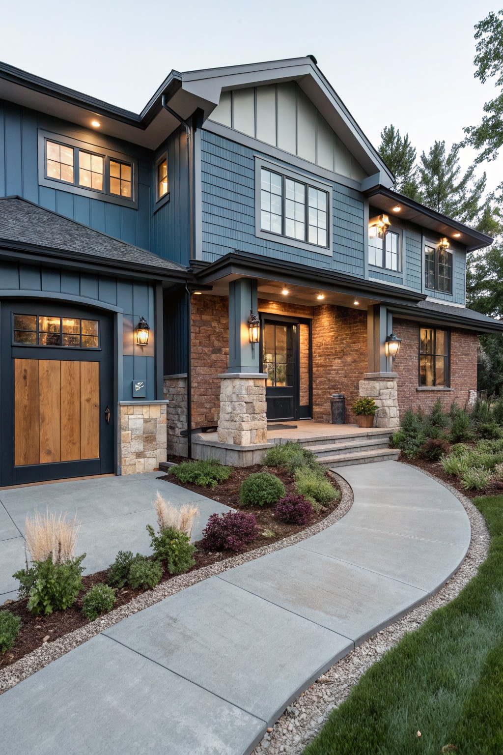 Deep blue siding on a two-story house exterior with stone and brick details.