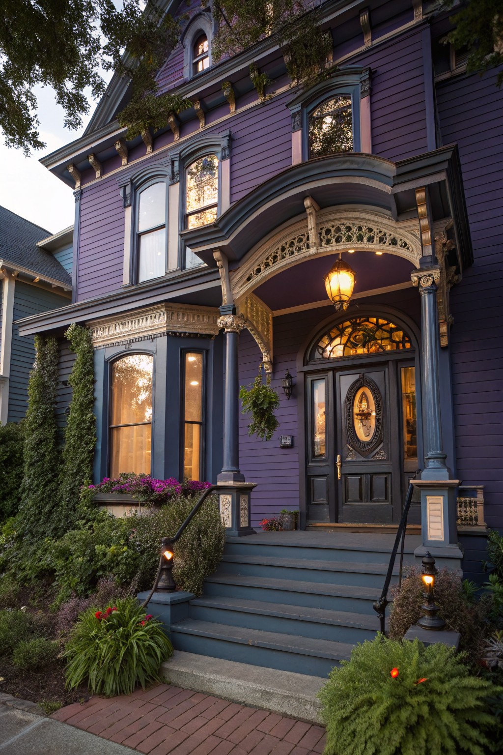 A Victorian house with deep blue-purple siding and dark painted trim around the porch and windows.