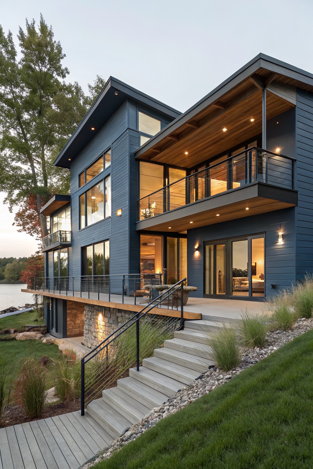 Dark navy blue siding on a modern home with wood accents and a deck.
