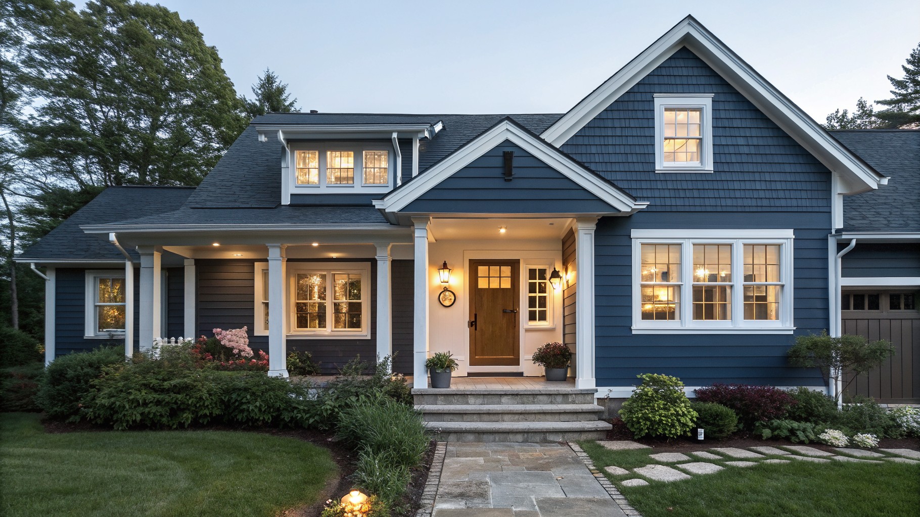 A house exterior painted in deep navy blue siding with white trim.
