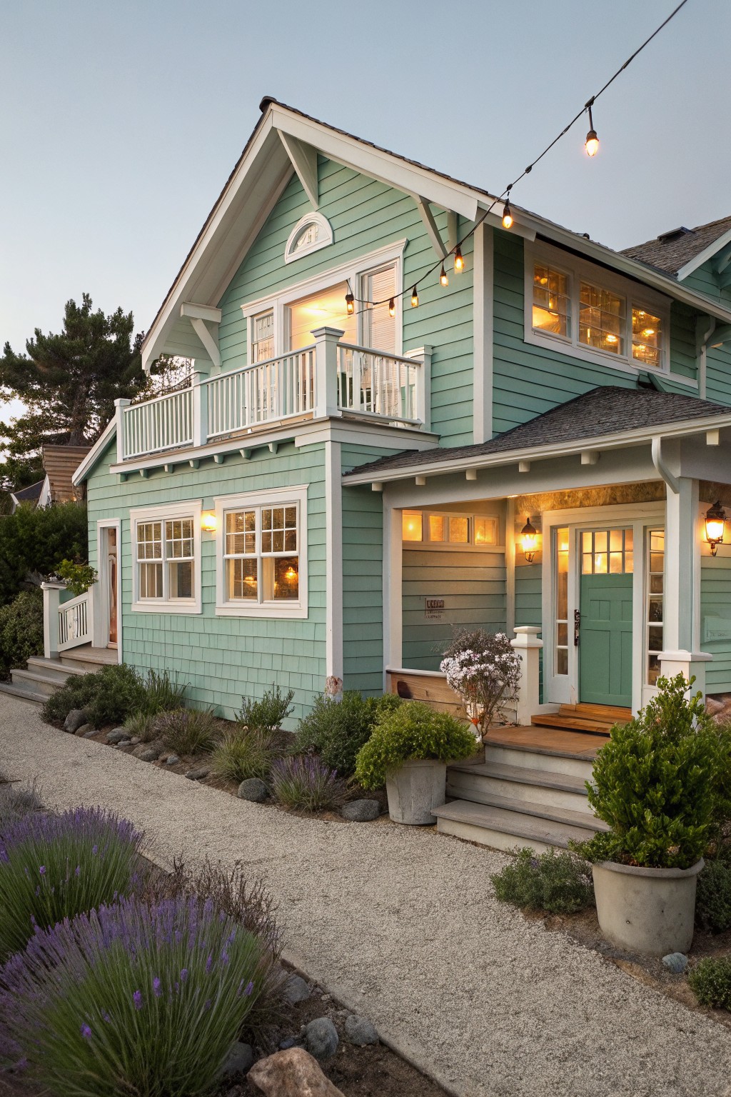 A two story house with soft blue green siding and white trim.
