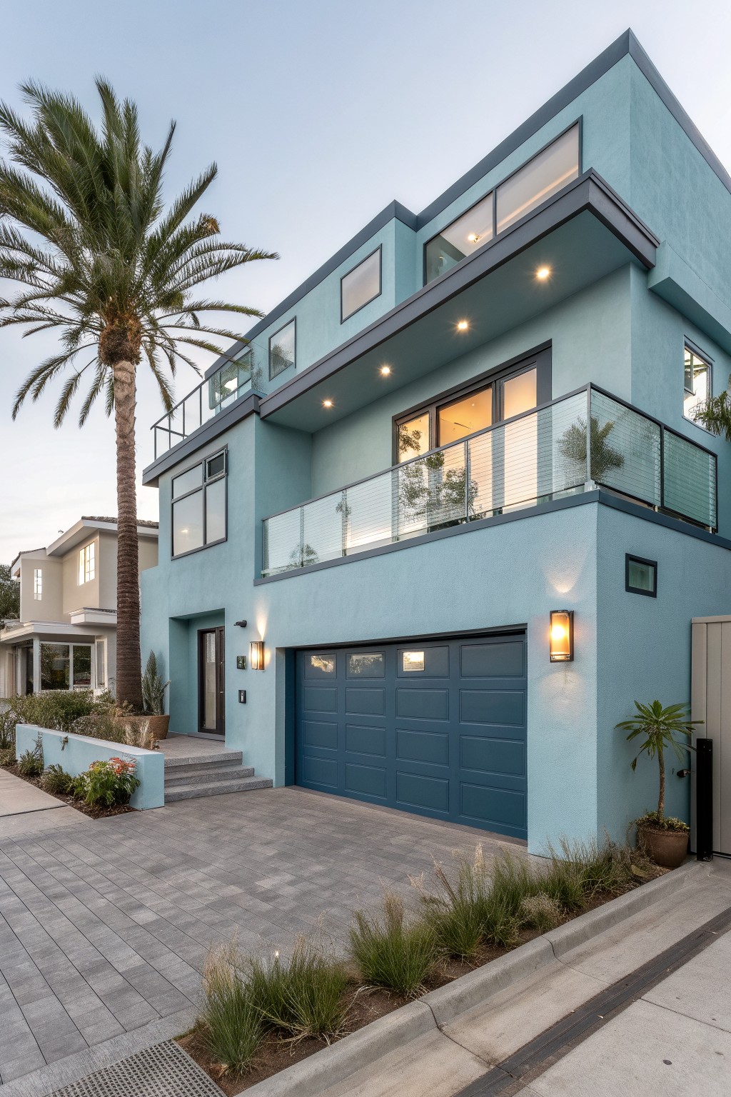A modern house painted in soft teal blue with dark trim and a navy garage door.