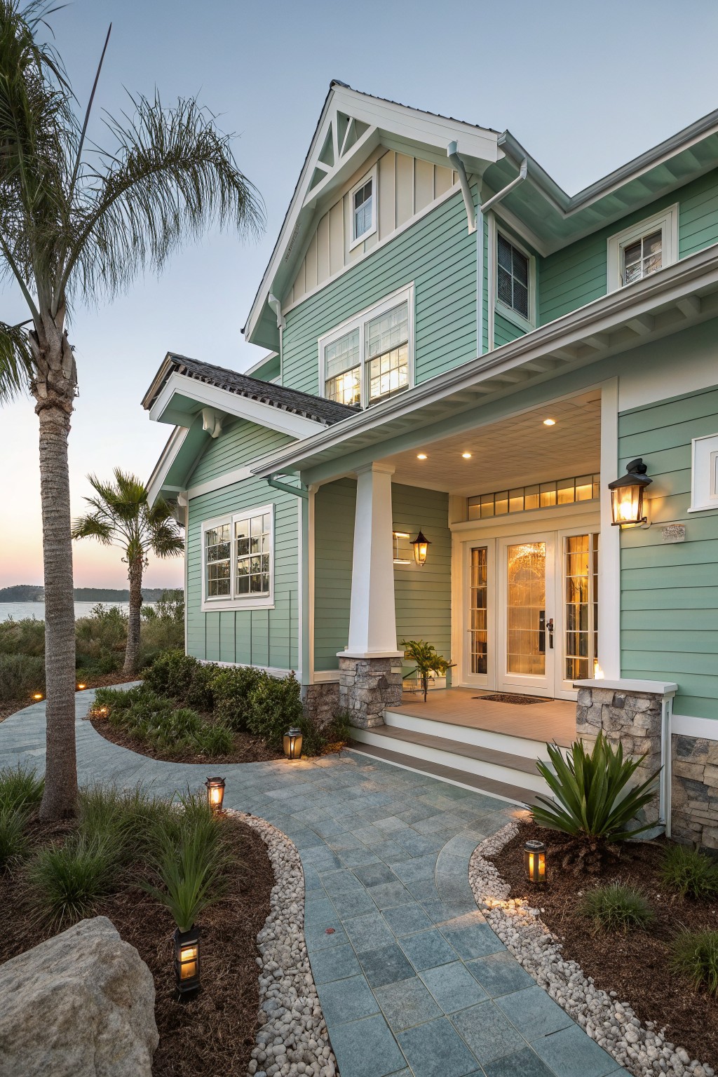 A house exterior painted in soft teal blue-green siding with white trim.
