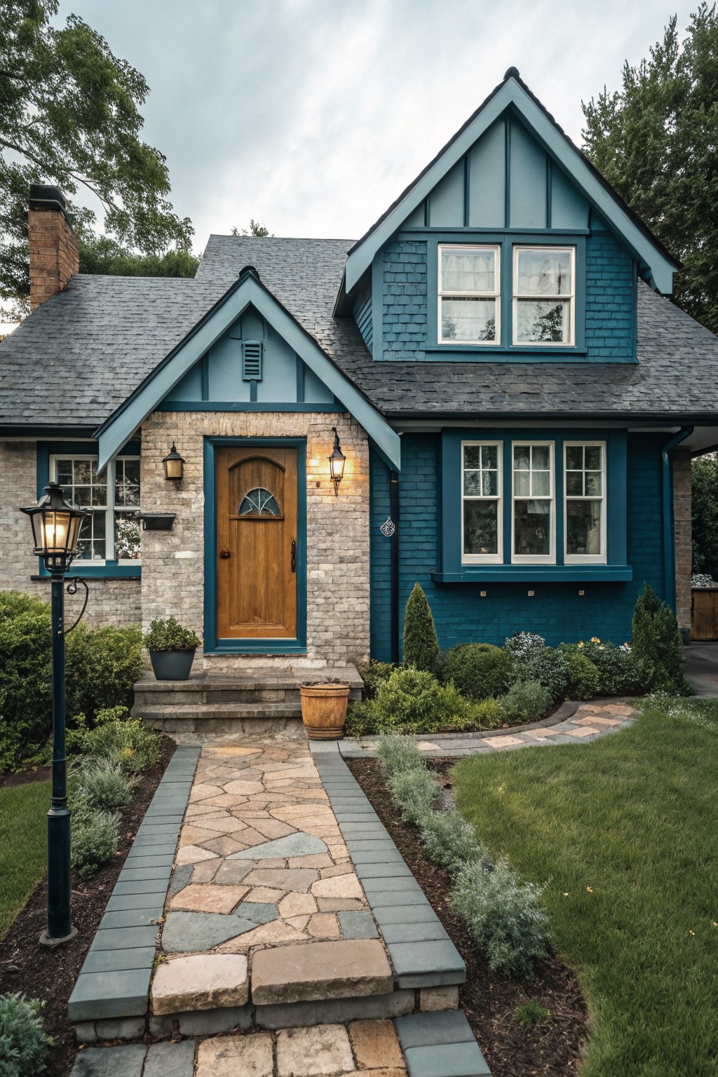 A house exterior painted in teal blue siding with a wood door and stone accents.