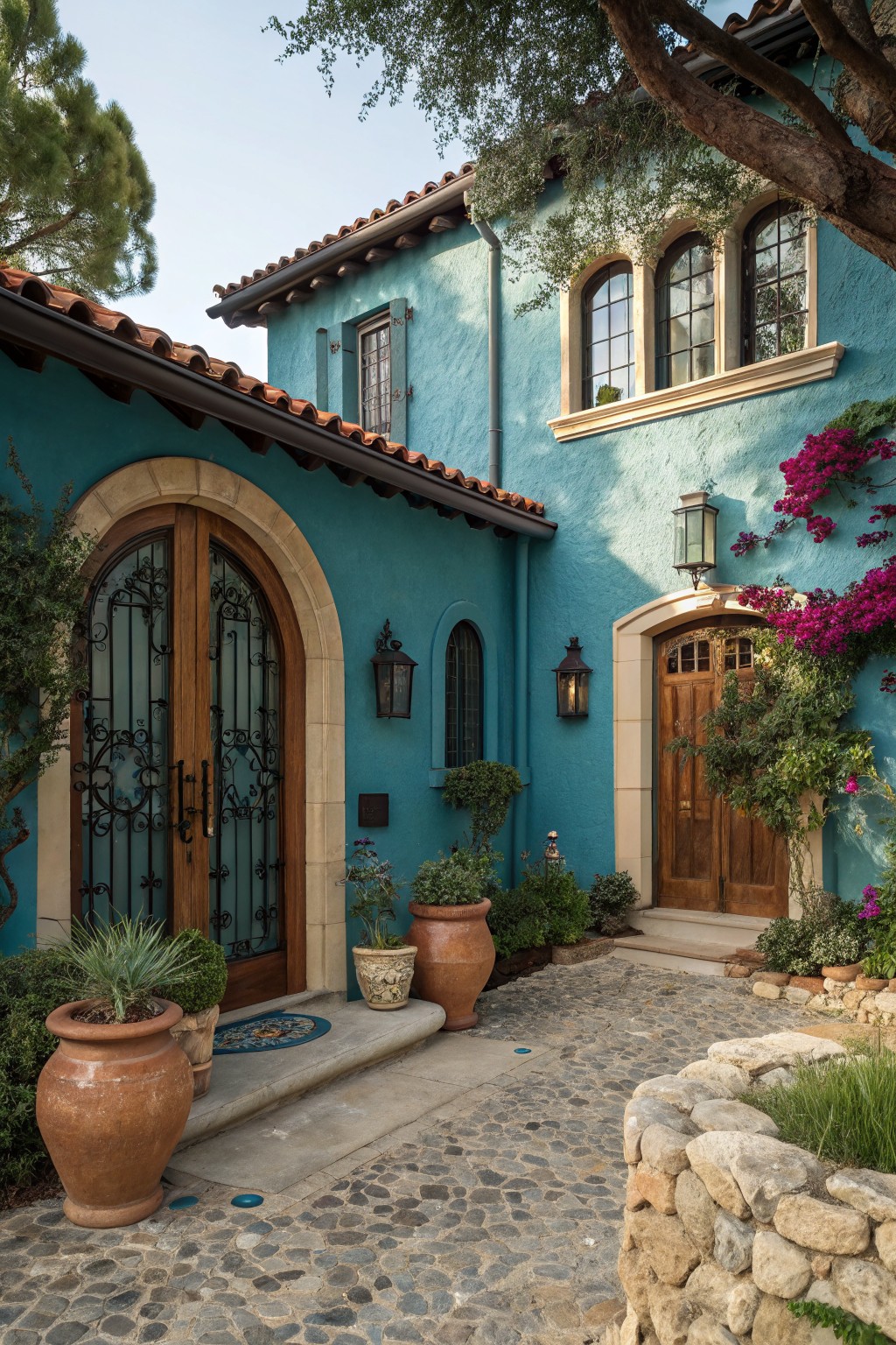 A house exterior painted in a bright turquoise blue with wooden doors and terracotta roof tiles.