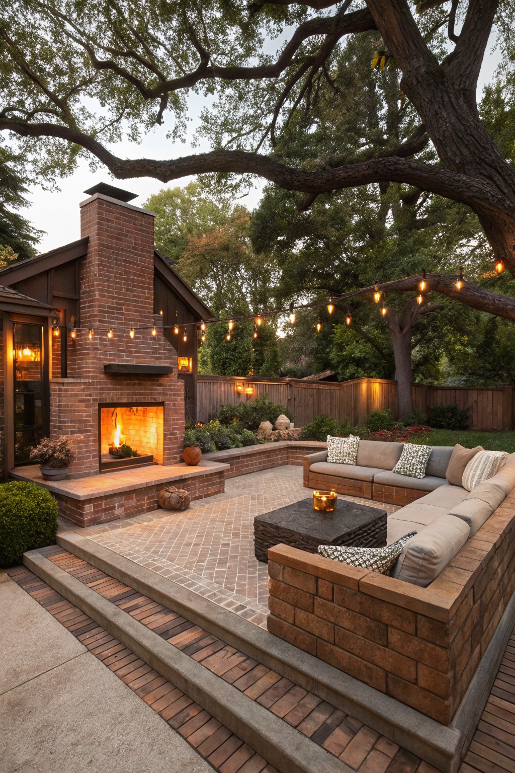 Backyard patio with central built-in brick fireplace, L-shaped cushioned seating on brick benches, paver flooring, steps, potted plants, string lights overhead, and surrounding trees and wooden fence.