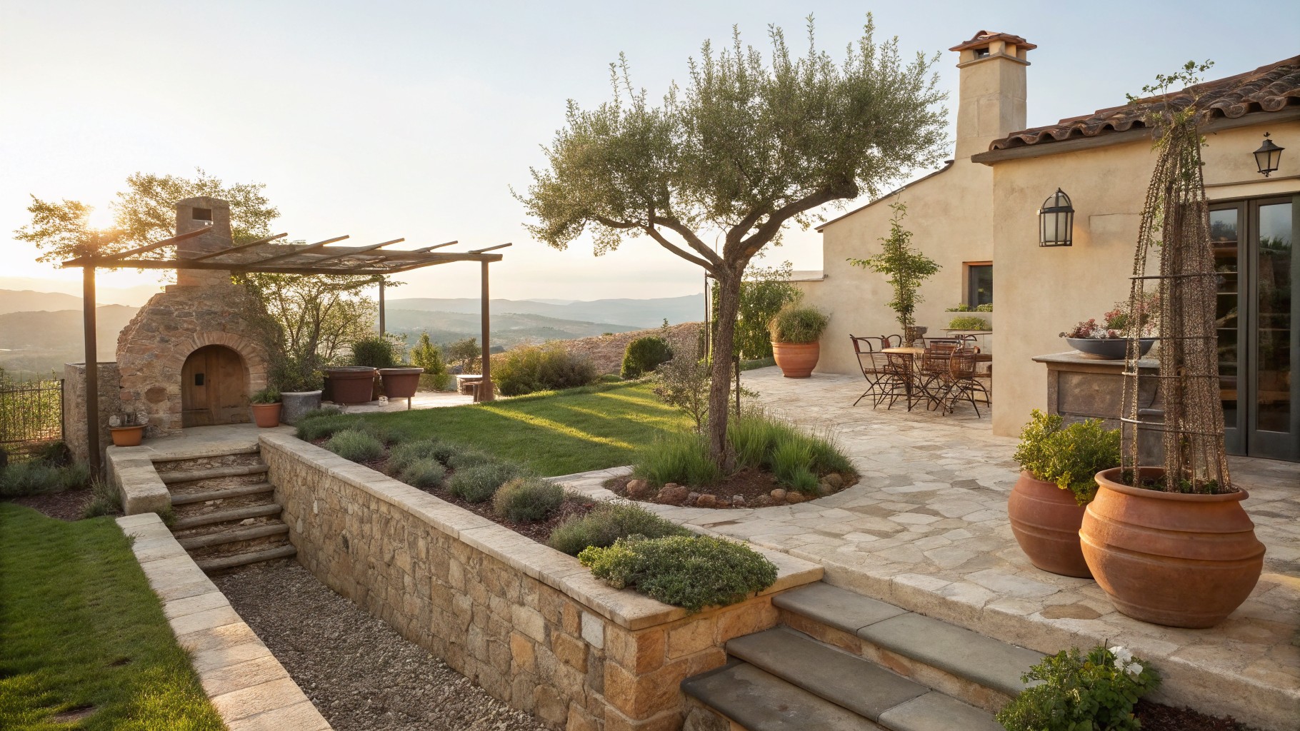 Stone terrace overlooking hills at sunset, with built-in wood-fired oven and fireplace, outdoor dining table and wicker chairs, stone bench along planted wall with lavender and shrubs, olive trees under pergola, terracotta pots, and steps beside white stucco house with red tile roof.