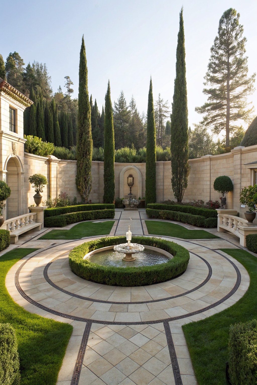 Walled courtyard garden with central circular stone fountain surrounded by concentric paths, manicured green hedges, grass patches, tall cypress trees, and beige stucco architecture.