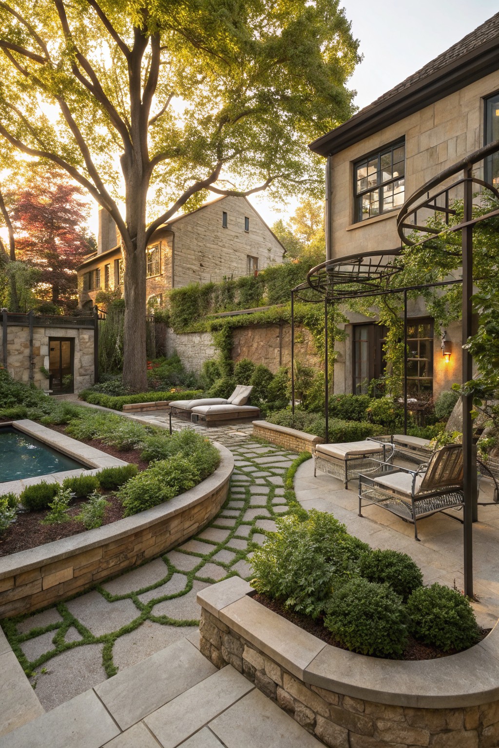 Backyard pool with curved stone retaining walls planted with shrubs, winding gray stone path with grass between stones leading to cushioned lounge chairs and metal pergola seating area, stone house walls and trees in background at sunset.