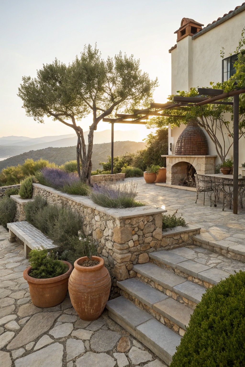 Stone terrace overlooking hills at sunset, with built-in wood-fired oven and fireplace, outdoor dining table and wicker chairs, stone bench along planted wall with lavender and shrubs, olive trees under pergola, terracotta pots, and steps beside white stucco house with red tile roof.
