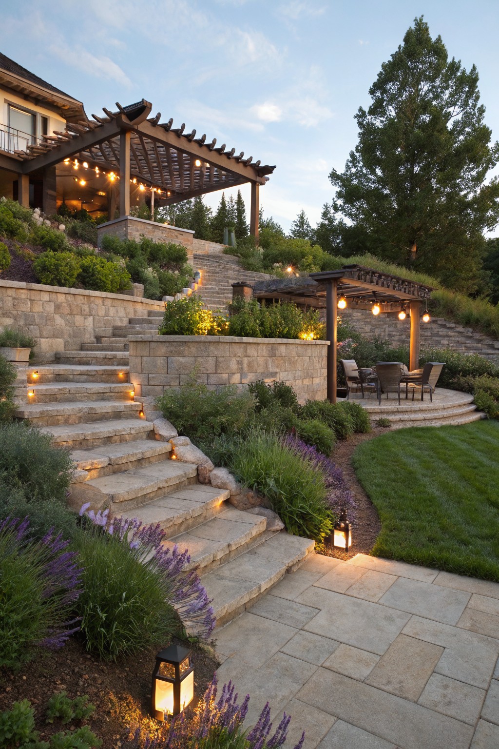 Terraced stone steps and retaining walls on a hillside backyard with integrated low lighting, pergolas strung with lights, lush plantings including lavender, outdoor seating, and a house in the background at dusk.