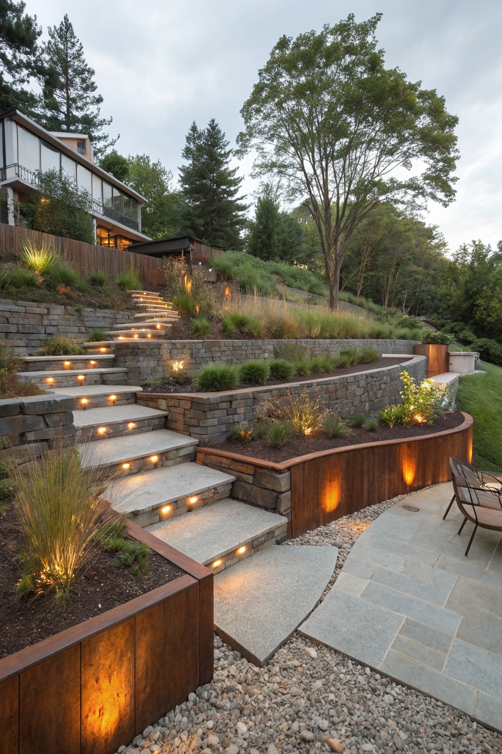 Sloped backyard with wide stone steps featuring integrated under-tread lighting, flanked by stone retaining walls and corten steel planters filled with ornamental grasses, leading uphill to a modern house surrounded by trees.