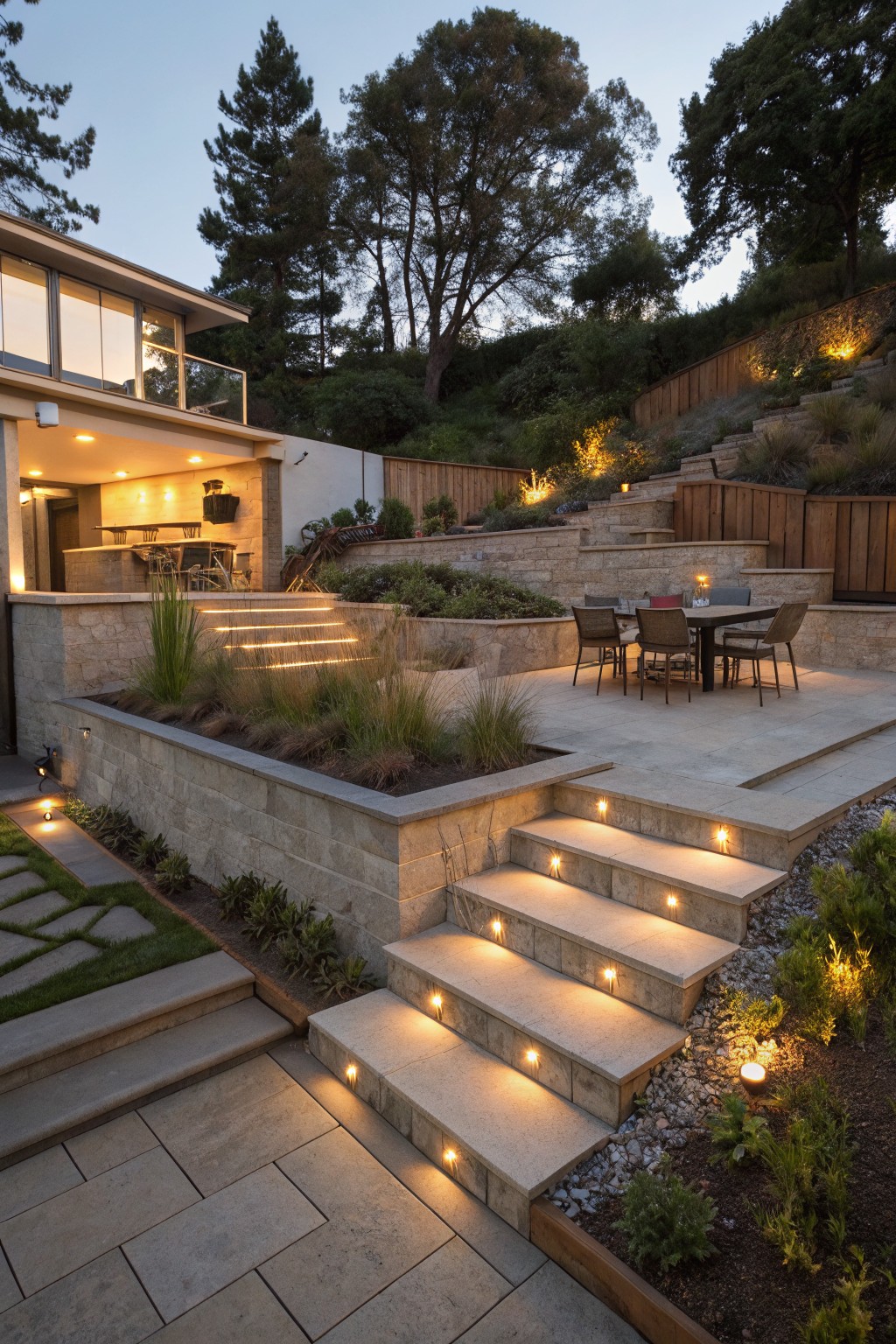 Sloped backyard with multiple stone retaining walls forming terraced levels, steps lit from within, grasses in planters, a patio dining table, and house visible at dusk.