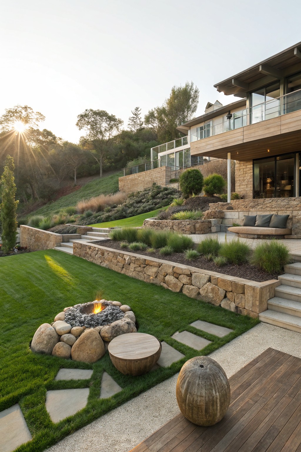 Sloped backyard with multi-level terraced stone retaining walls, planted beds of grasses and shrubs, a boulder-ringed gas fire pit in the lawn, concrete steps, and a modern wood-and-stone house on the upper level at sunset.