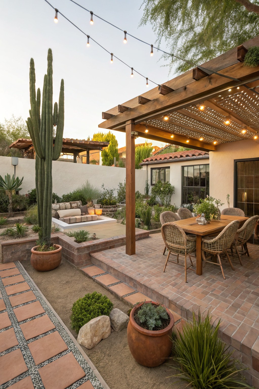 Backyard patio under a wooden pergola with string lights, outdoor dining table surrounded by rattan chairs, adjacent fire pit lounge area, desert landscaping with tall cacti, terracotta pots, and brick pathways.