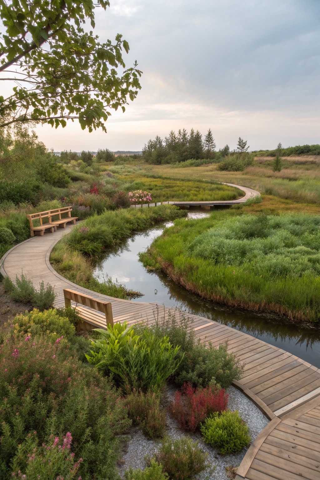 A curved wooden boardwalk path winds through lush green wetland plants, native grasses, flowers, and a narrow stream, with benches along the way under a partly cloudy sky.