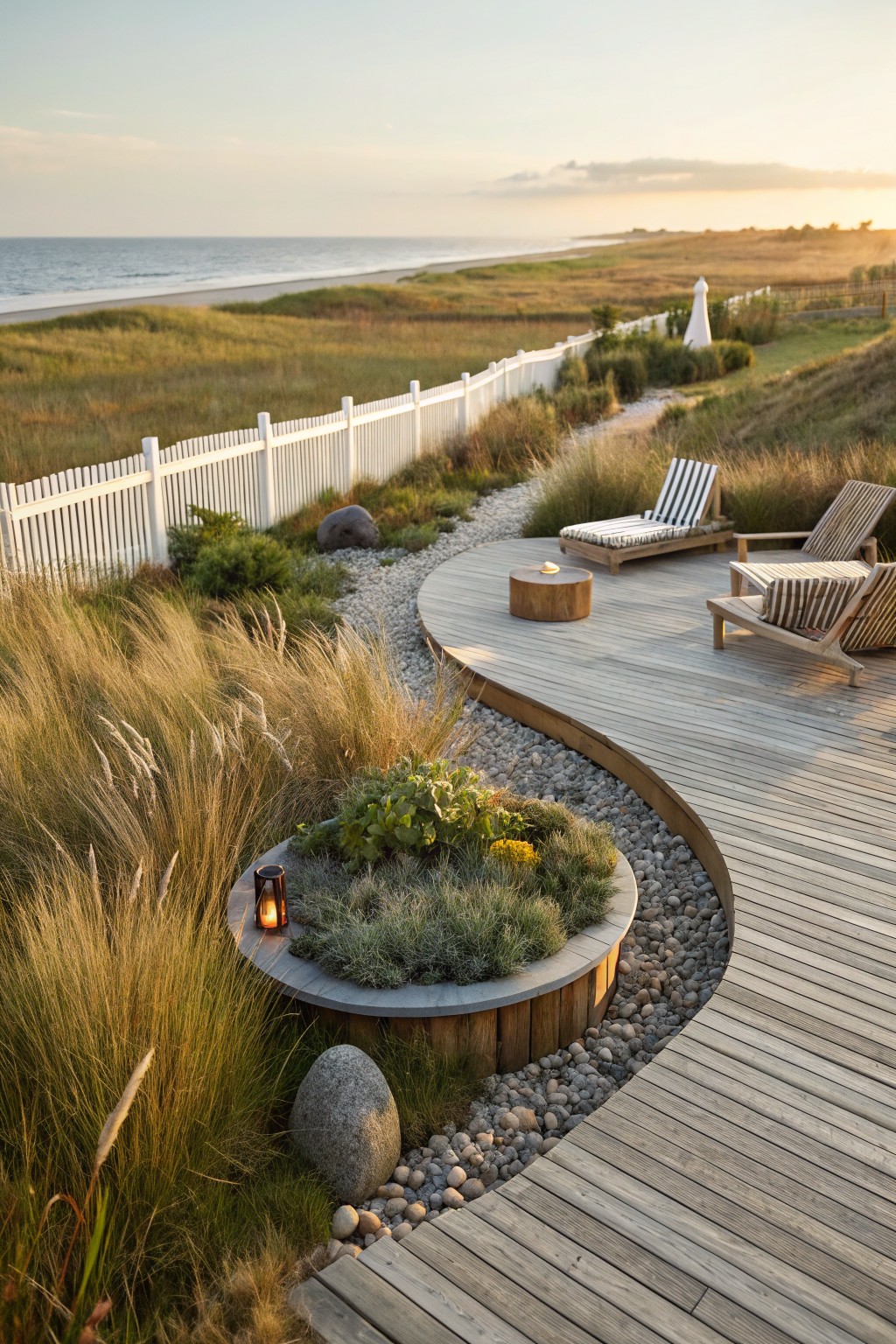 Curved wooden boardwalk path winding through tall grasses and plants, edged with pebbles and a round planter, leading to lounge chairs and a table on a deck near a white picket fence and beach dunes at sunset.