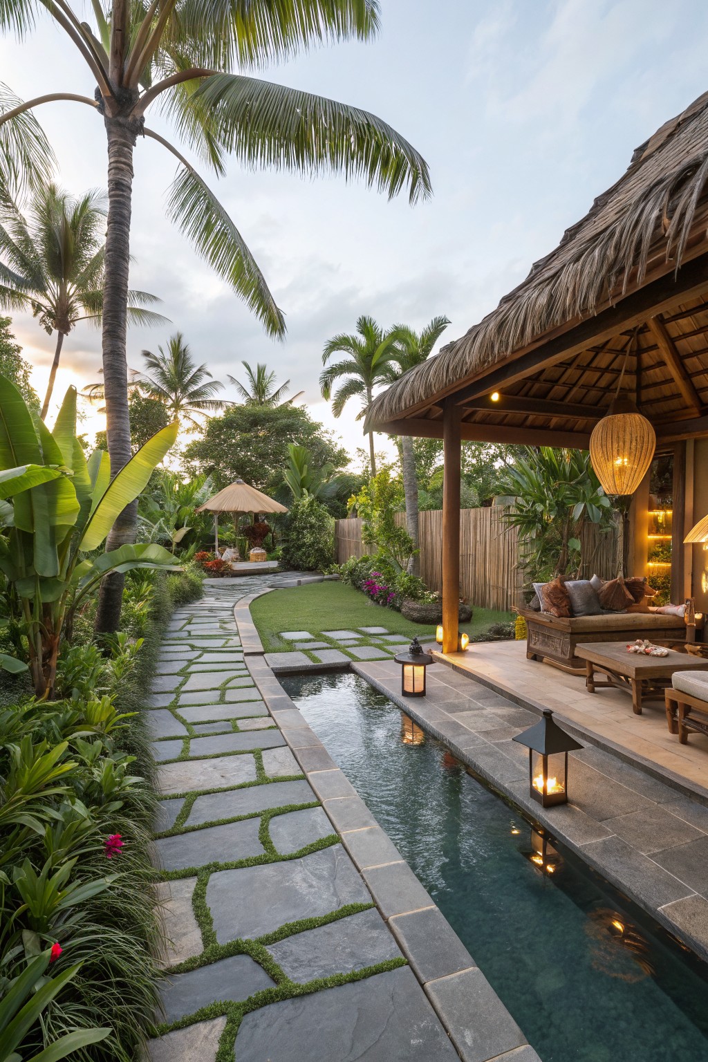 Winding irregular gray stone pathway with grass joints alongside a narrow rectangular water channel edged in stone, surrounded by tropical plants, palms, and banana leaves, leading to a wooden thatched-roof pavilion with lanterns and cushioned seating.