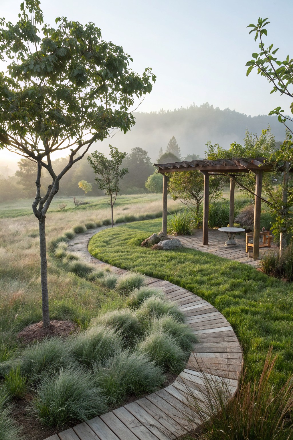 A curved wooden boardwalk path winds through tall grasses and low plants in a large backyard meadow, leading to a pergola with a round table, chairs, and rocks, with trees and misty hills in the background at dawn.