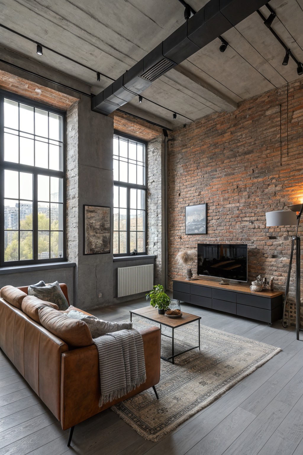 Cool gray walls in an industrial living room with exposed brick.