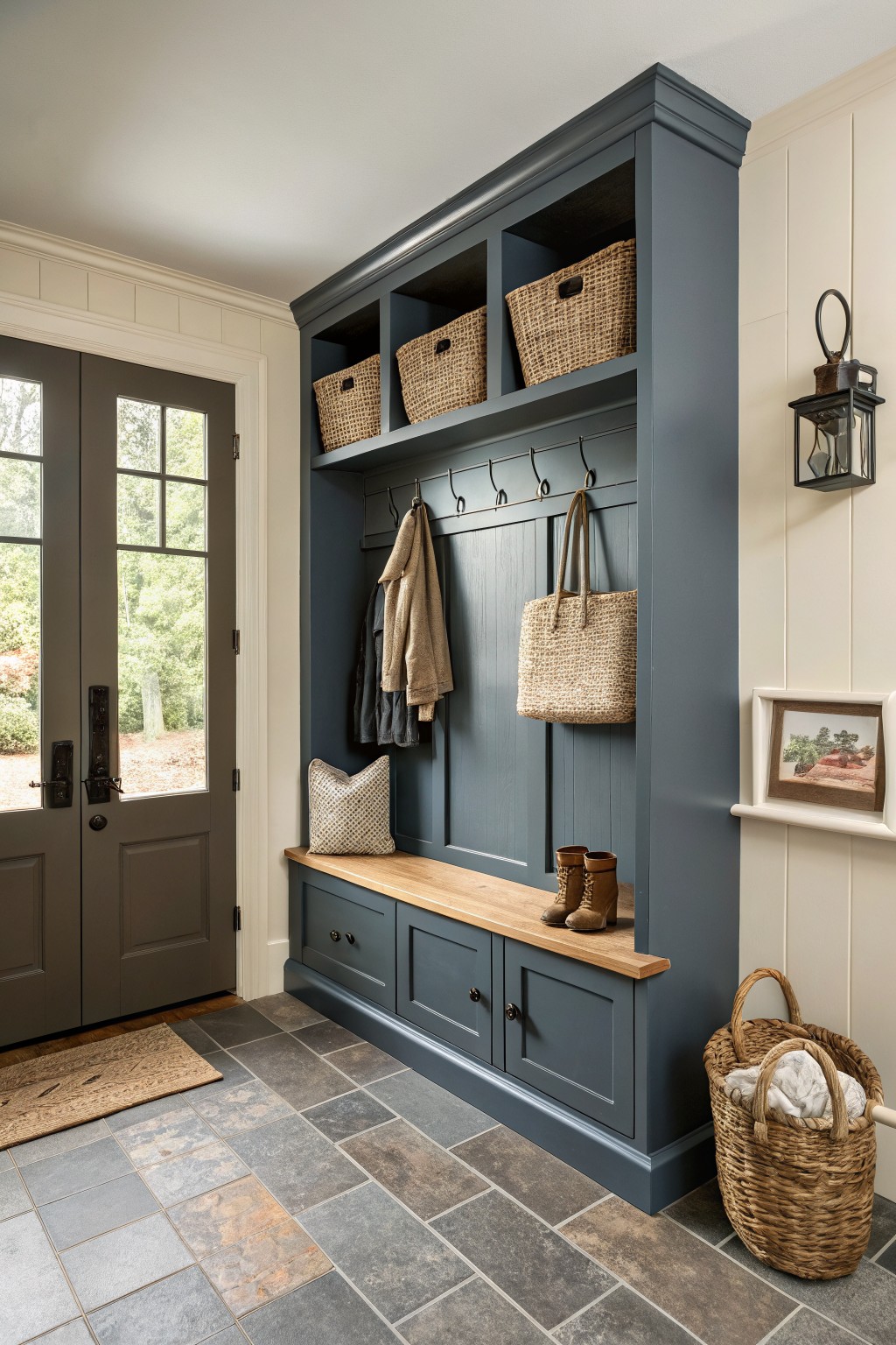 A large built-in storage unit painted deep blue gray in a home entryway.