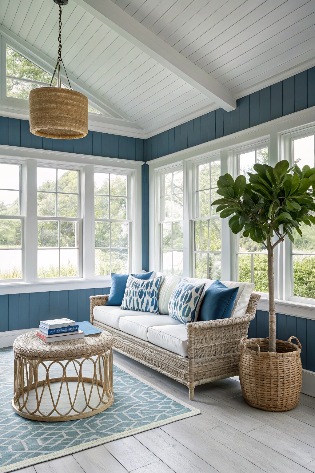 A sunroom with deep teal blue walls and white trim.