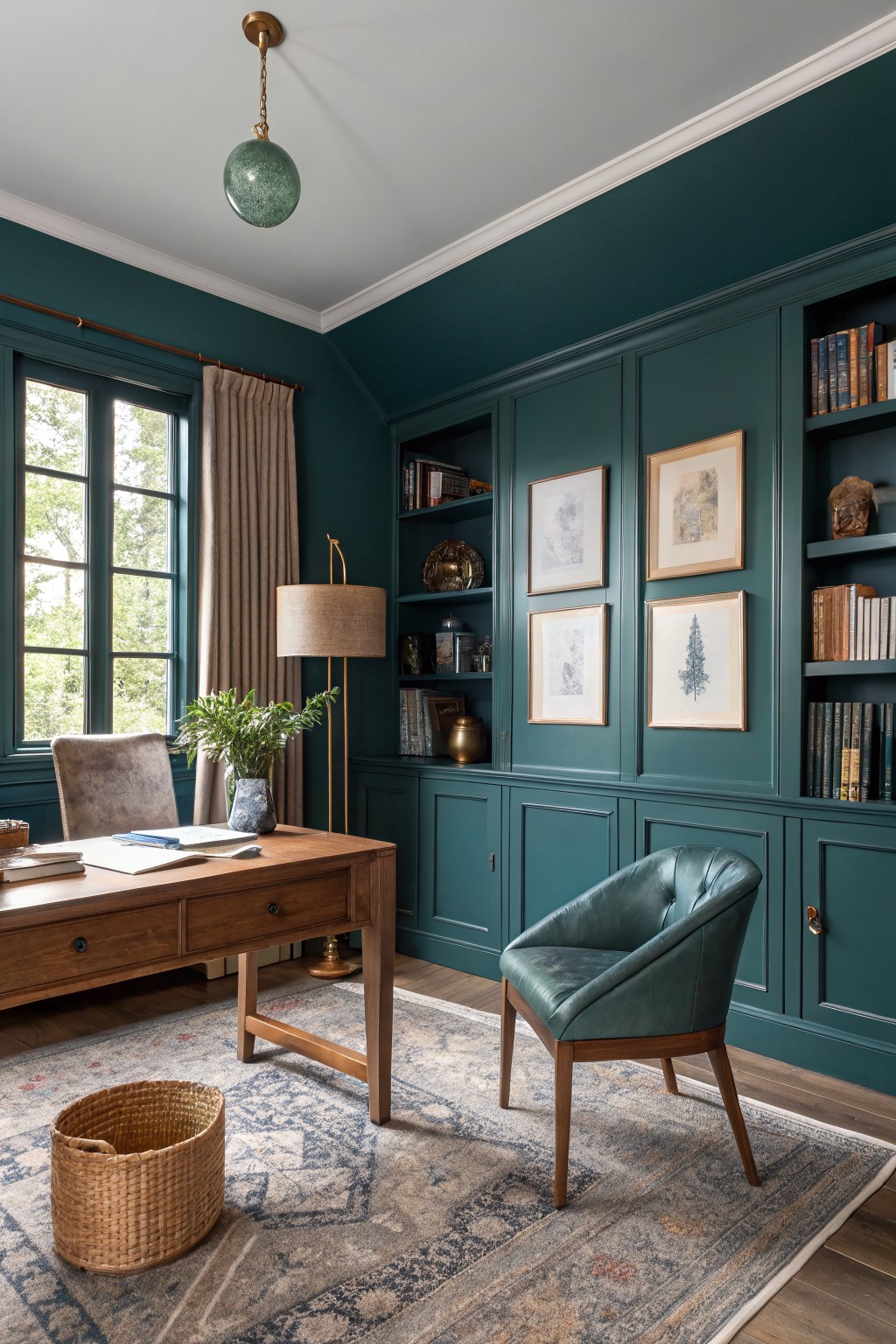 Deep teal walls with built-in shelving and cabinetry in a home office.