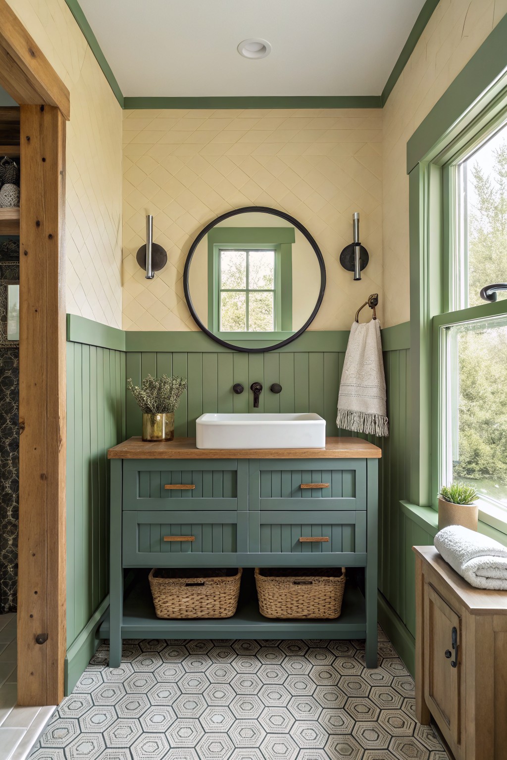 A bathroom featuring sage green wainscoting on the lower walls and pale yellow paint above.