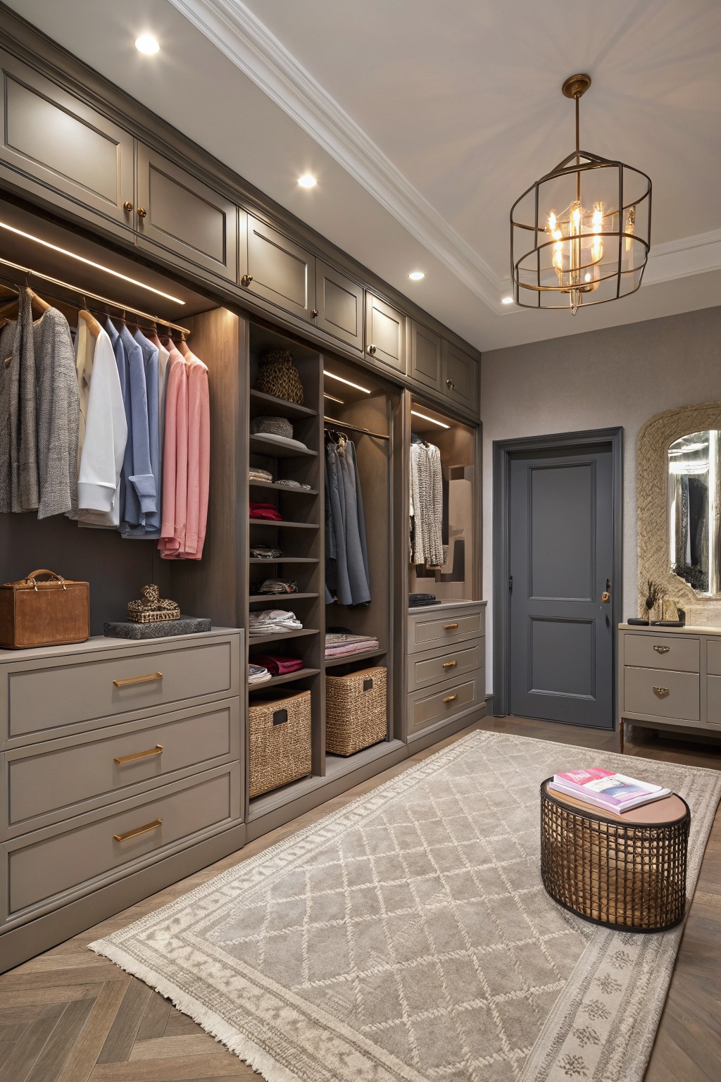 A walk-in closet with soft greige walls and built-in cabinetry.