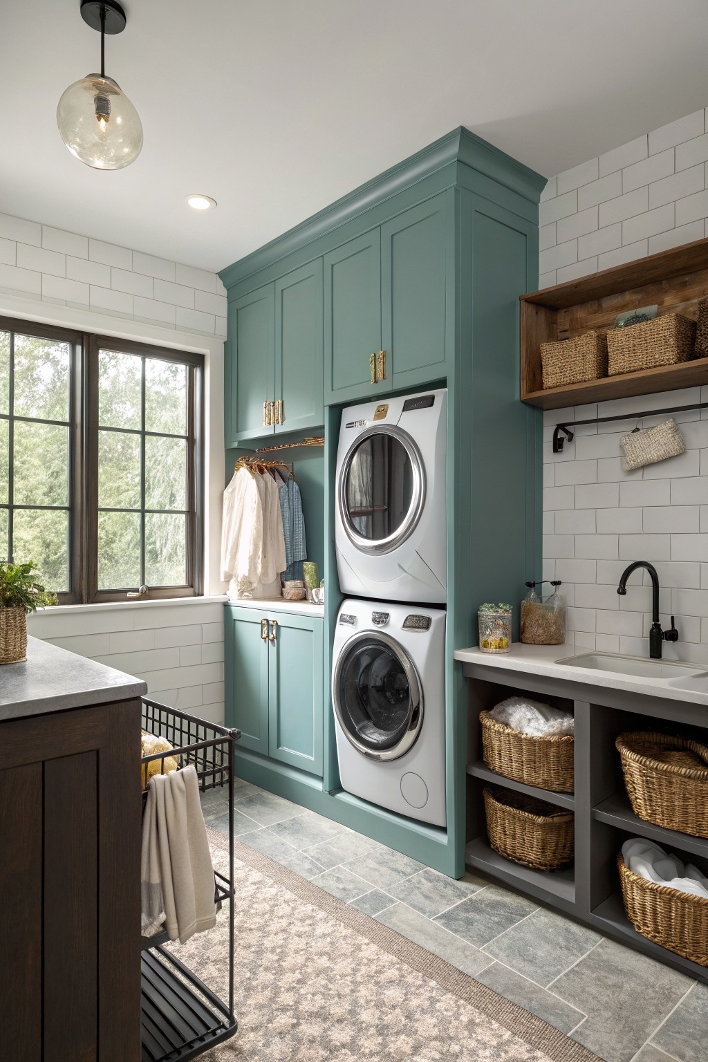 Teal green cabinets surround the washer and dryer in a bright laundry room with white tile.