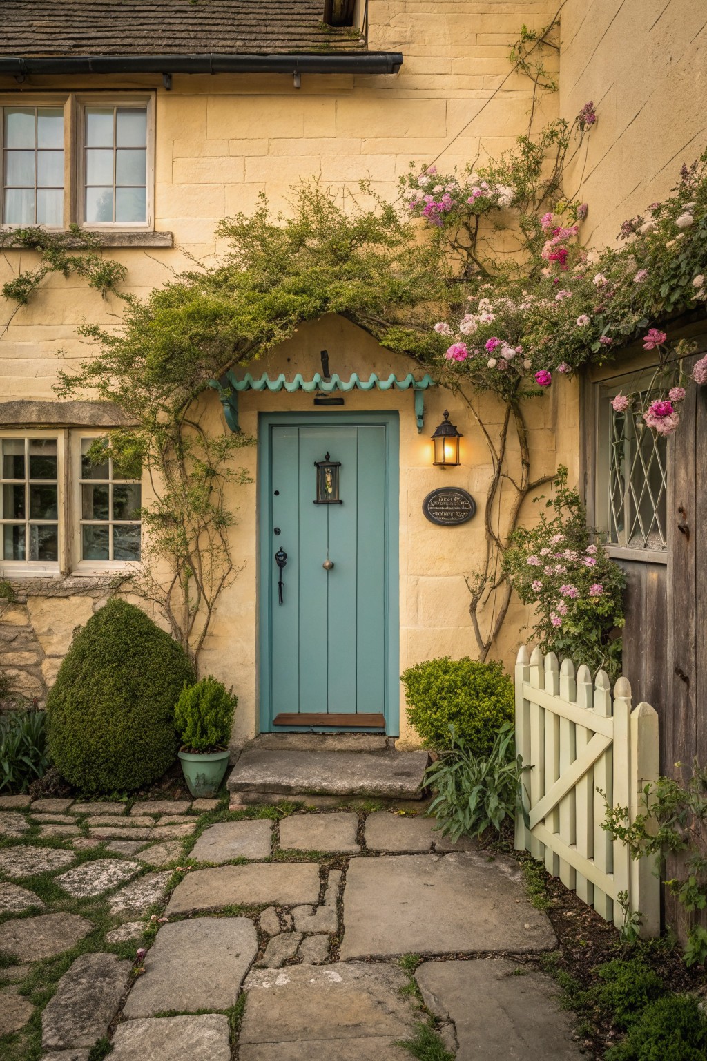 A soft teal front door on a stone cottage exterior.