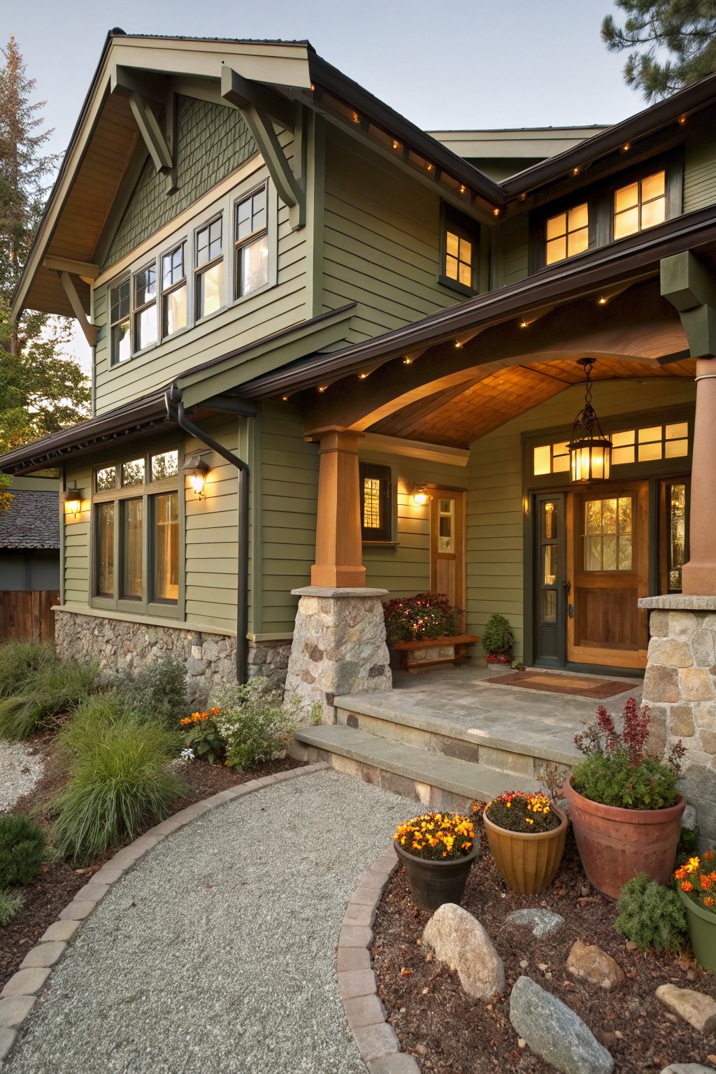A house with muted sage green siding and a stone foundation.