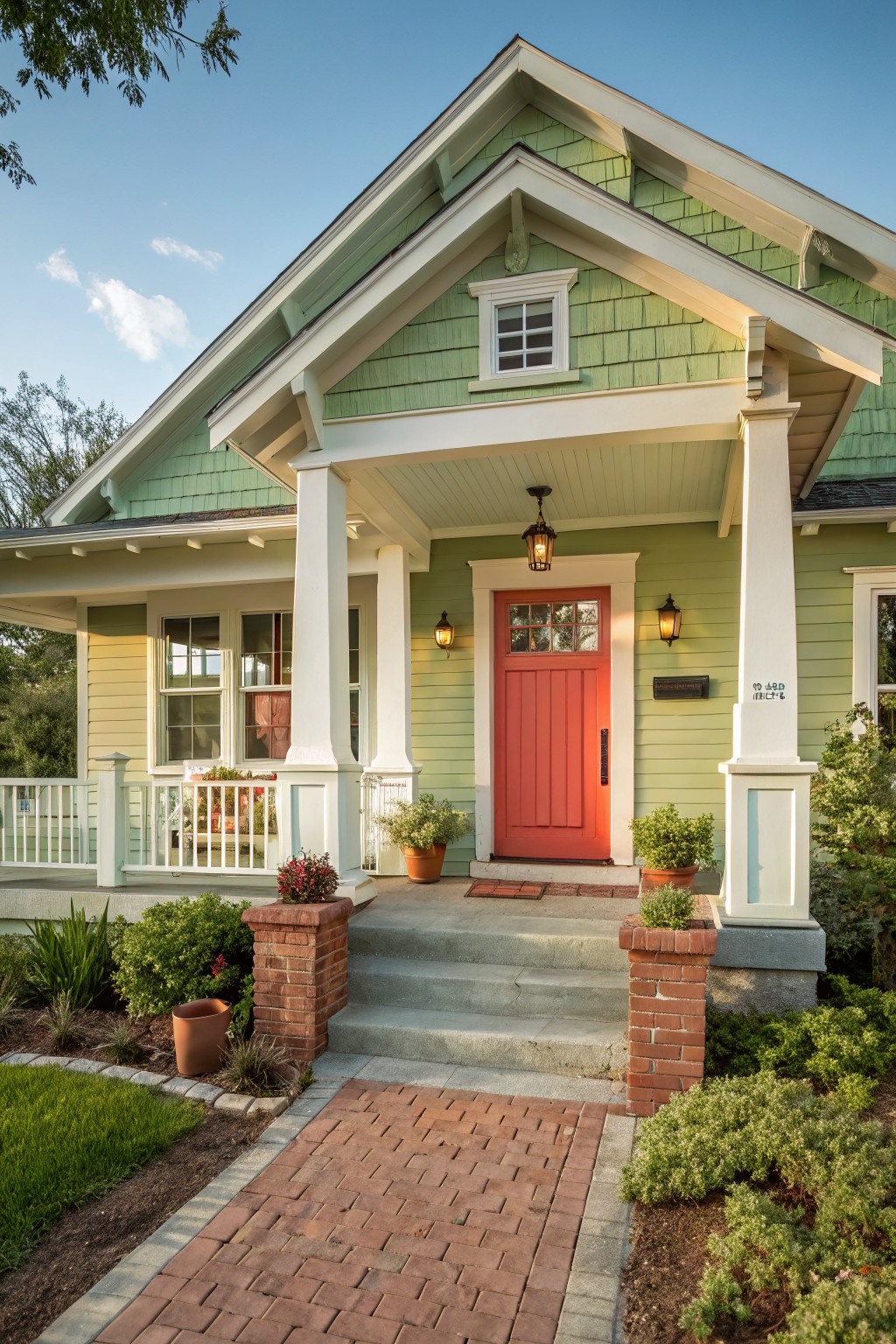A house exterior painted in soft sage green with white trim and columns.