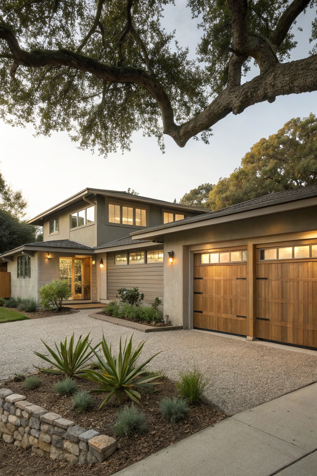 House exterior with warm greige siding next to wooden garage doors.