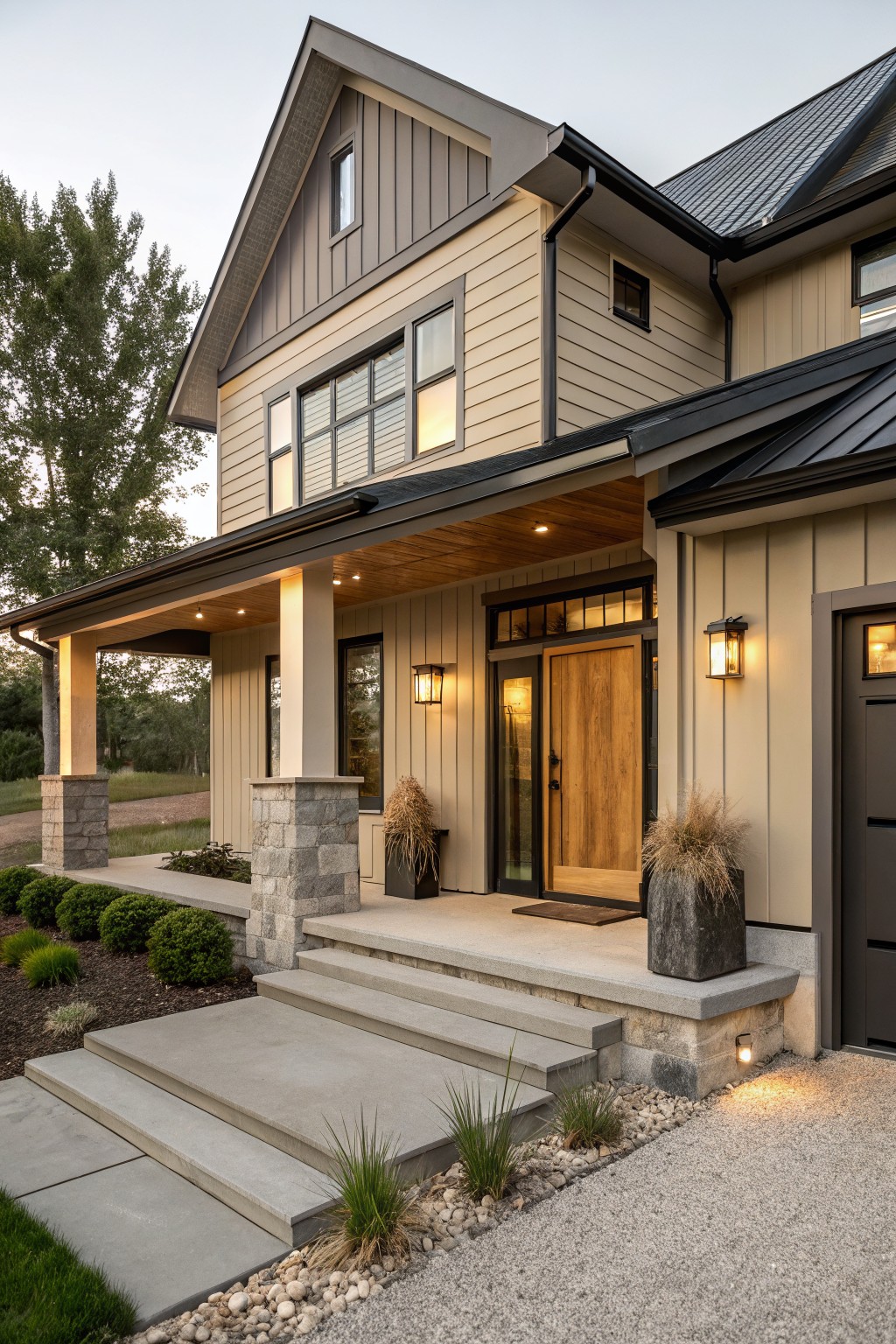 A house exterior painted in soft greige siding with a covered entry.