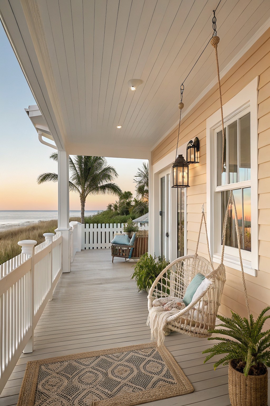 Light peach beige siding on a beach house porch with white trim and a hanging chair.