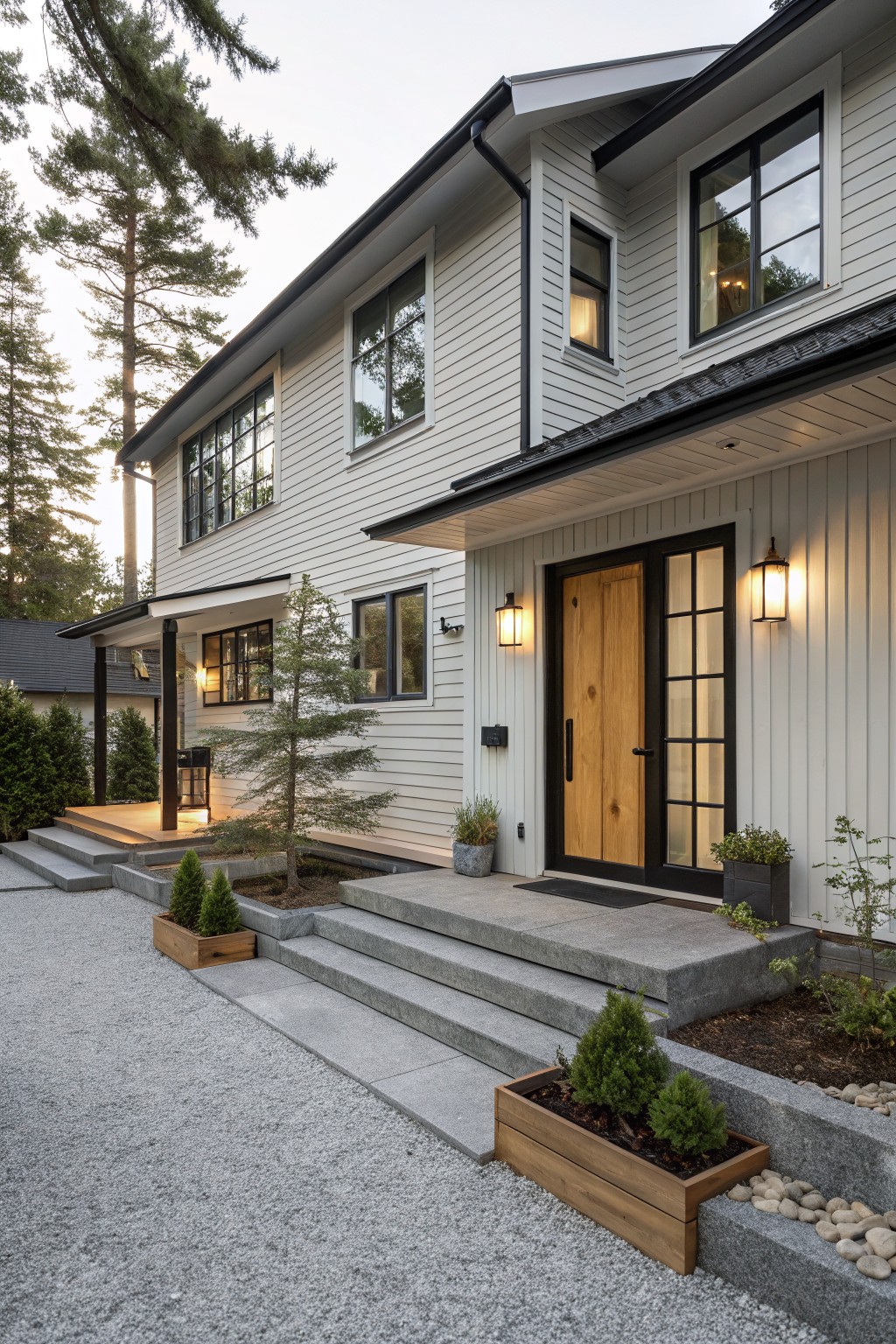 A modern house with soft white siding and black-framed windows.