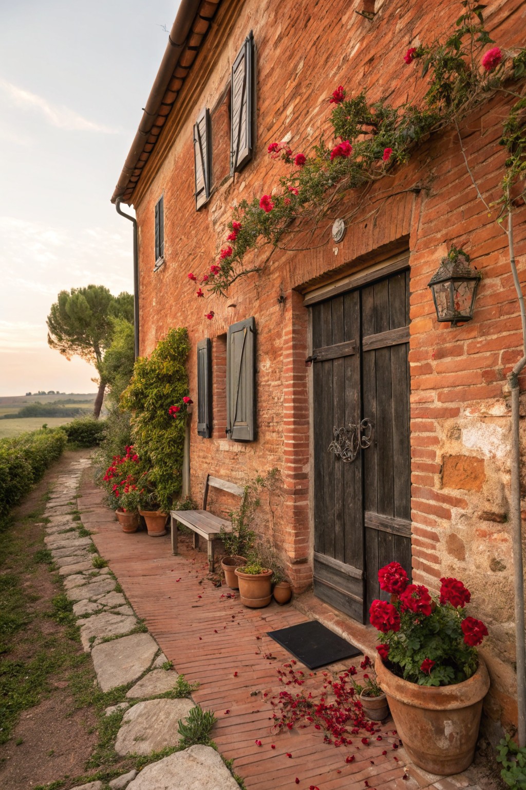 A red brick house wall with a dark wooden door and potted red flowers.