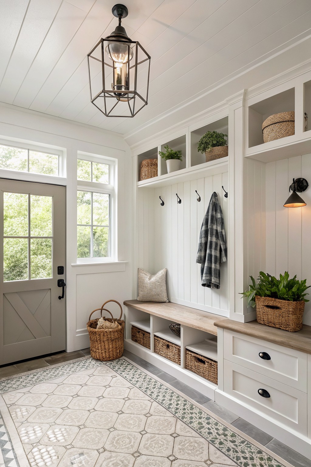 White built-in cabinetry and bench in a bright entryway with wood accents.