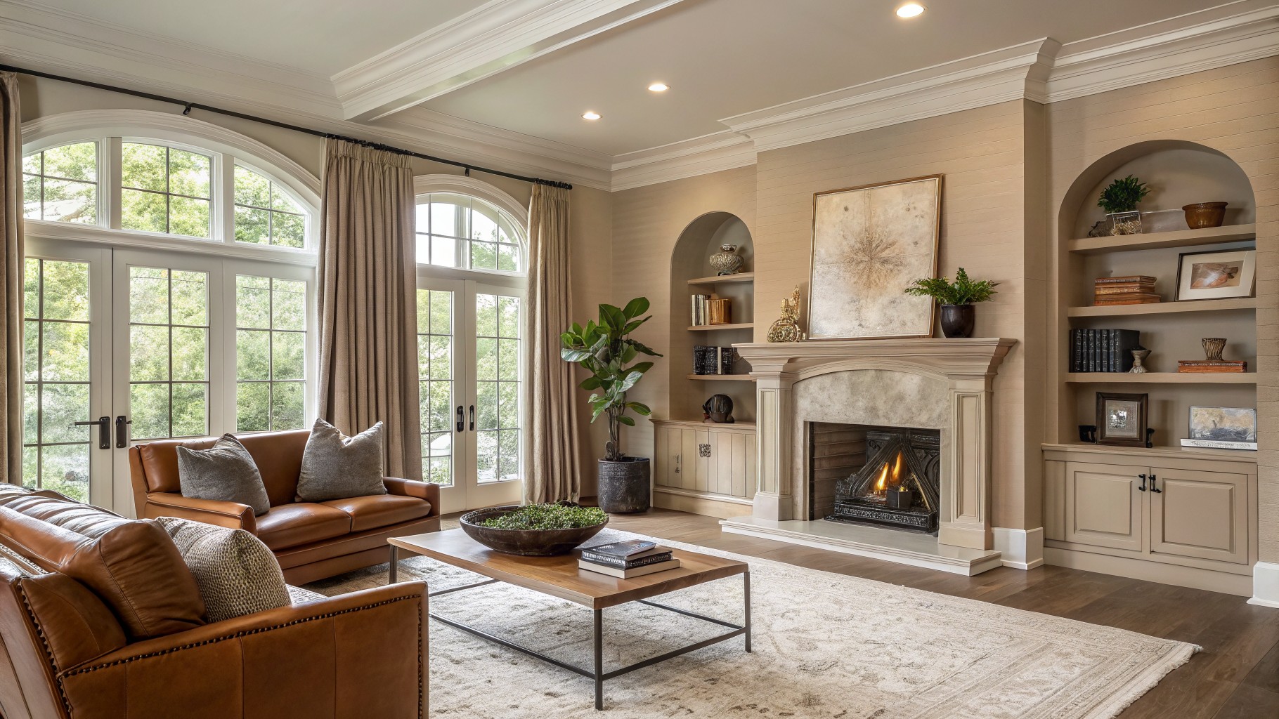 A living room with soft greige walls and a large stone fireplace.