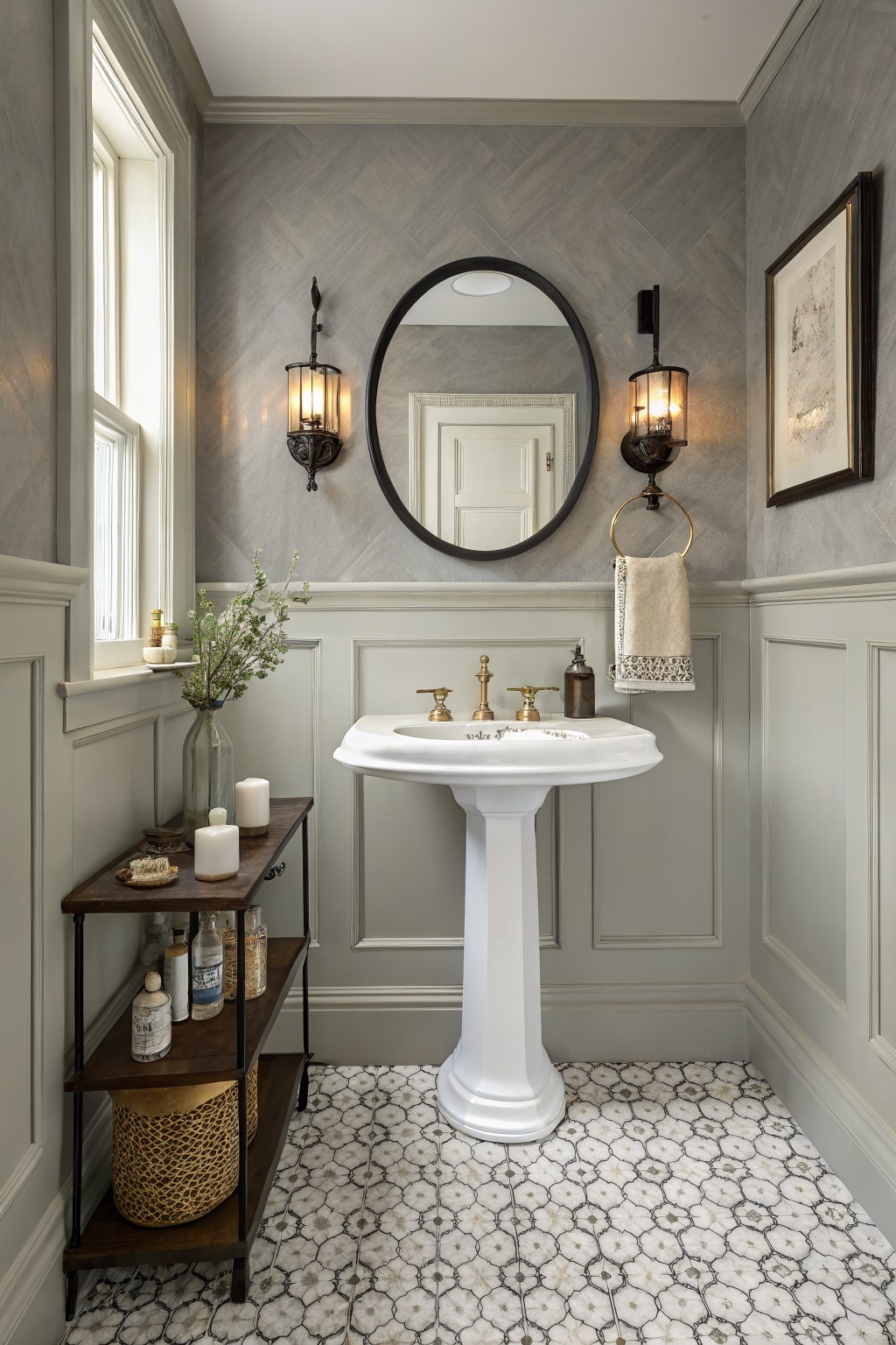 Soft gray walls above white wainscoting in a bathroom with a white pedestal sink.