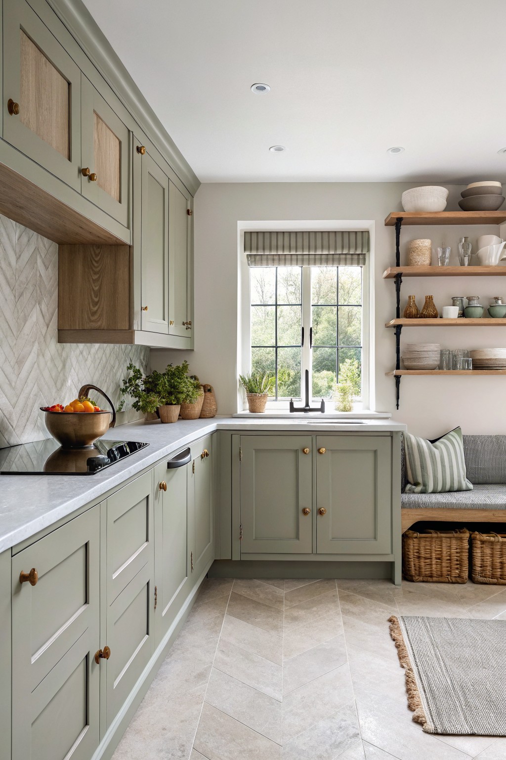 Sage green kitchen cabinets with wood accents and a stone countertop.