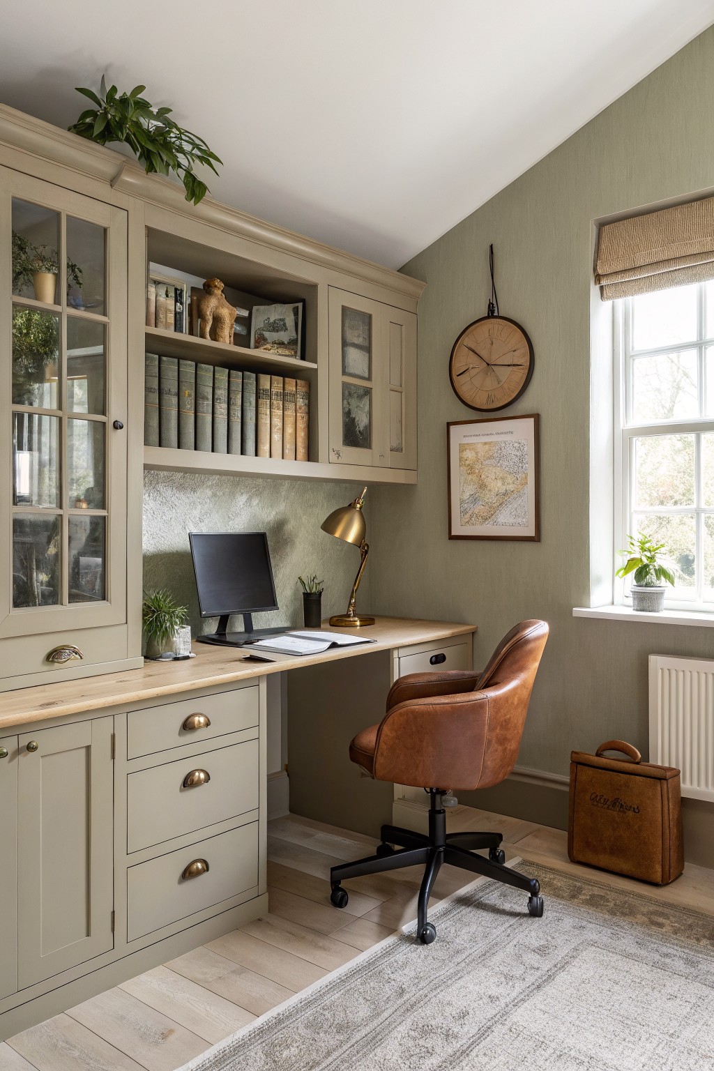A home office with soft sage green walls and wooden built-in cabinetry.