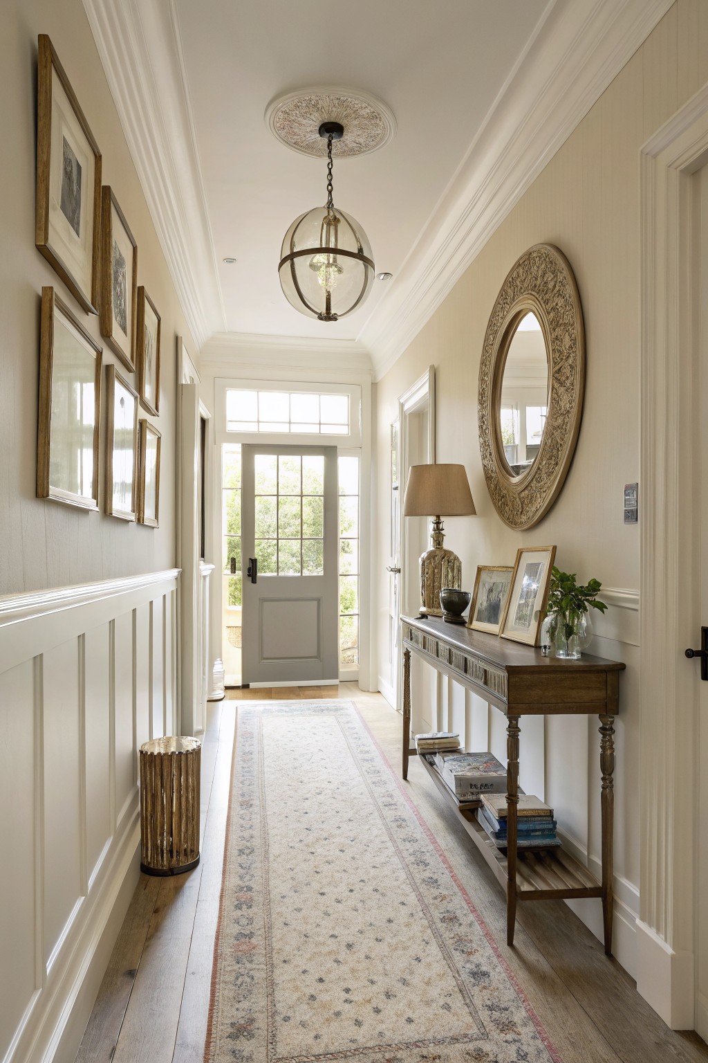 A long hallway with soft warm white walls and white wainscoting.