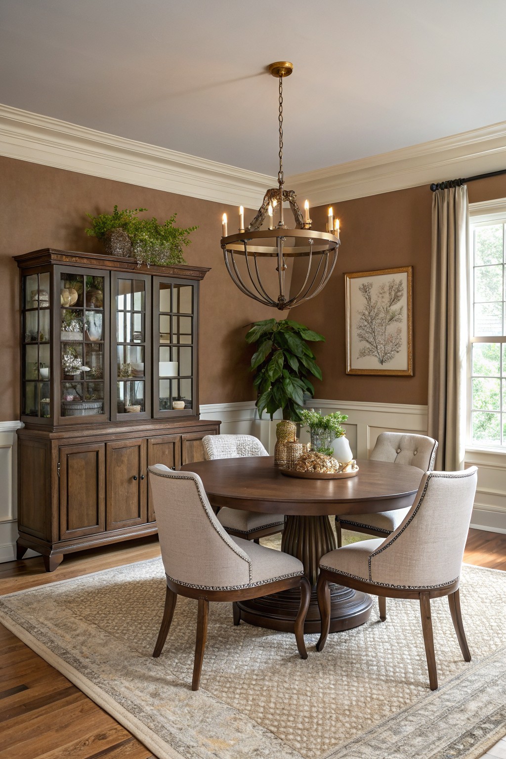 A dining room with warm taupe walls and a round wooden table under a chandelier.