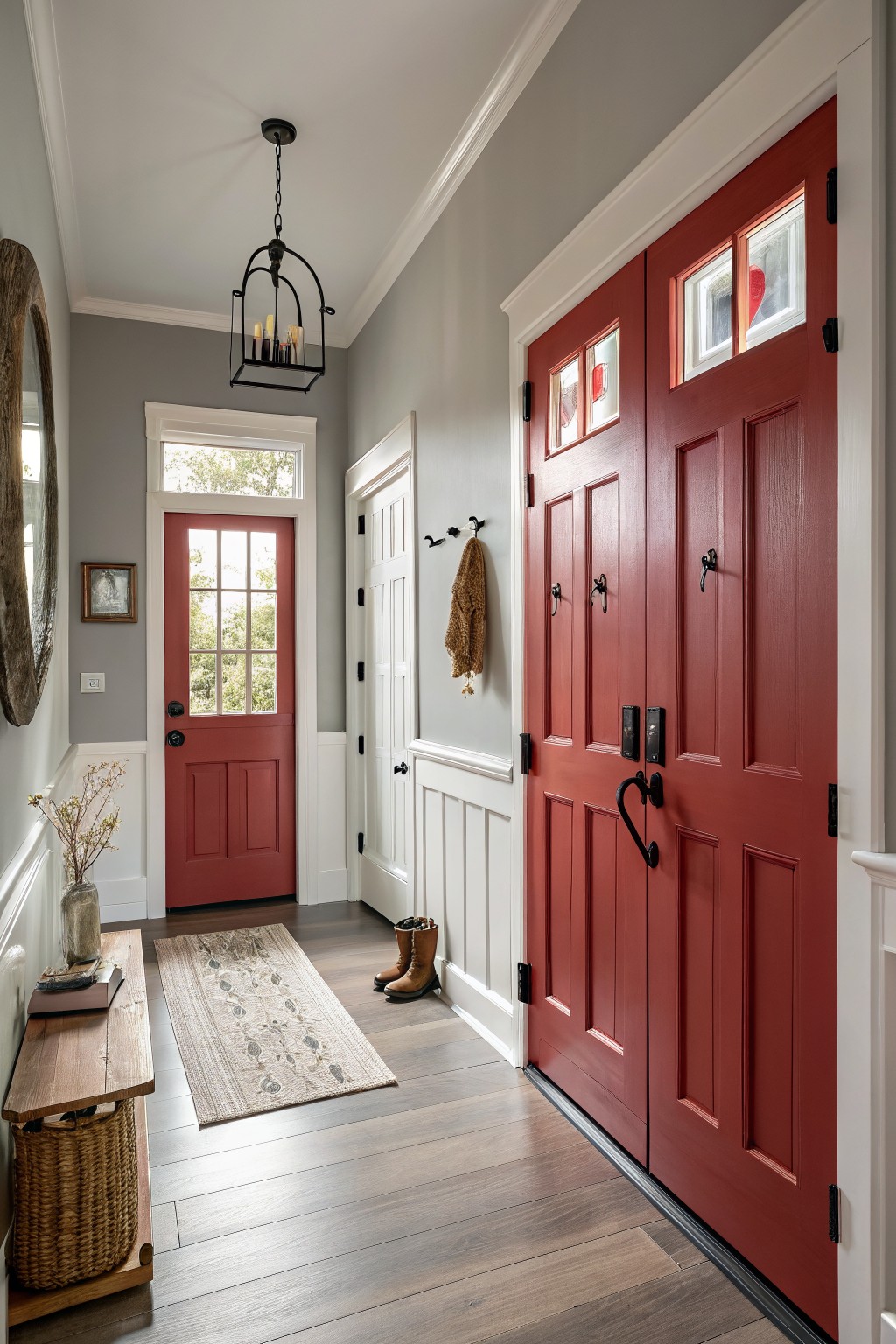 Bright entrance hall featuring red double doors, a wood bench, and decorative rug.